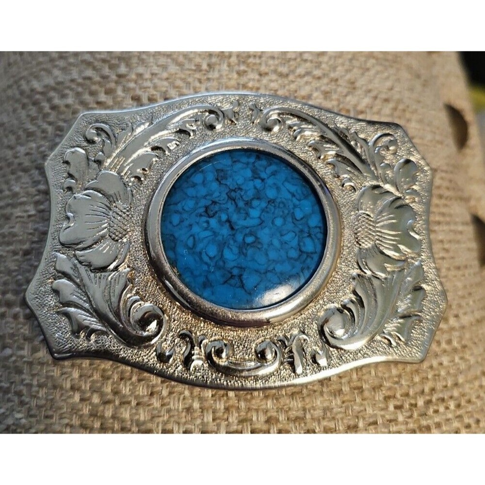 Vintage Metal With Round Turquoise Color Stone Belt Buckle - Picture 2 of 5